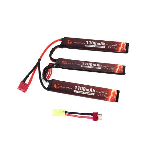 Evolution Li-Po Ultra Power 11.1V 1100mAh 20C - 40C Peak Airsoft Battery with T- Plug + Adapter