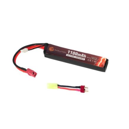 Evolution Li-Po Ultra Power 11.1V 1100mAh 20C - 40C Peak Airsoft Battery with T- Plug + Adapter
